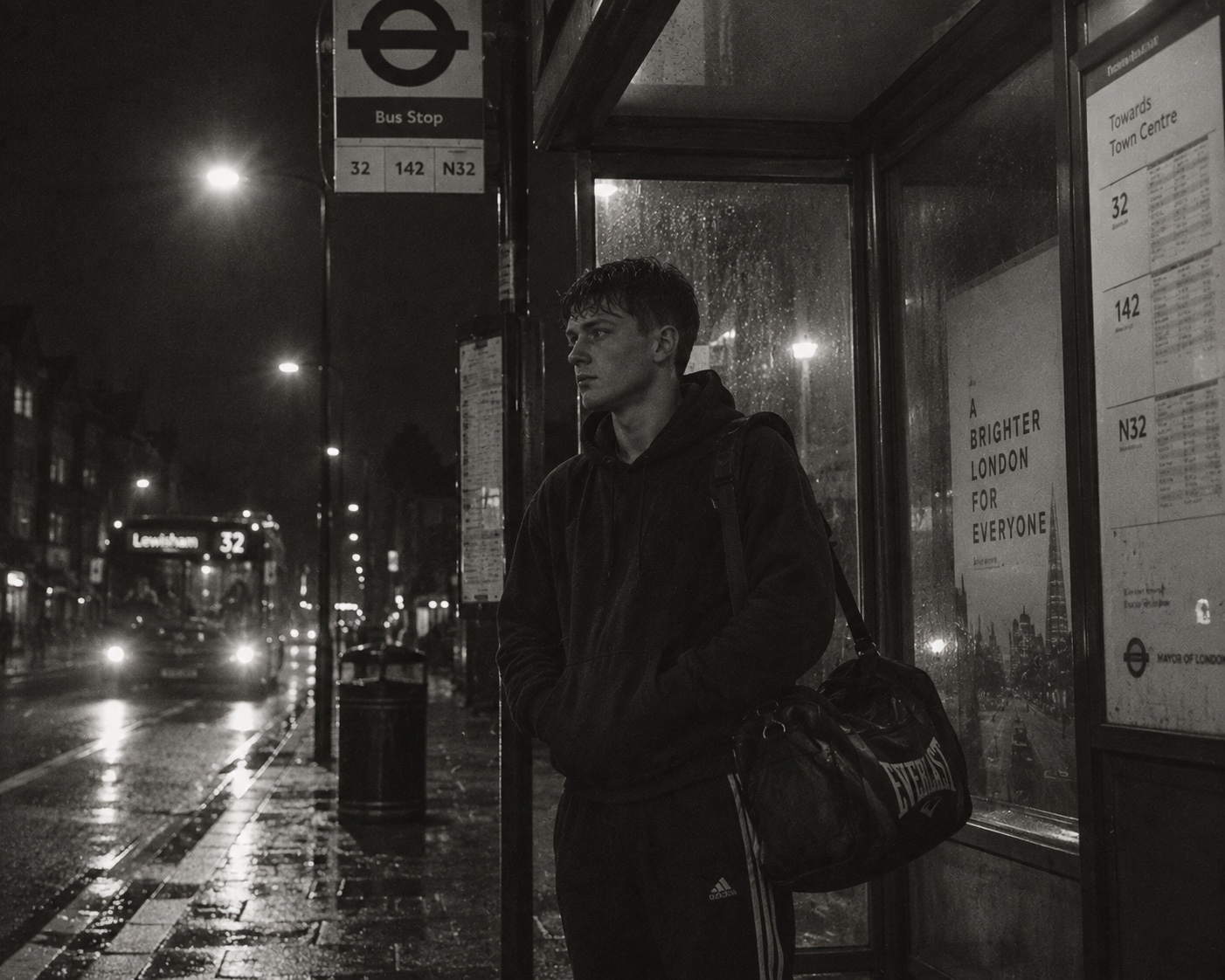 Young man waiting at a rainy London bus stop