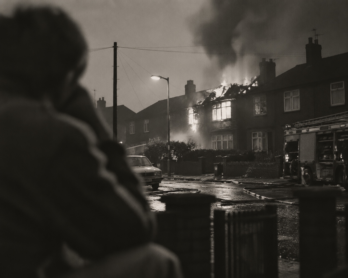 Terraced house on fire at night