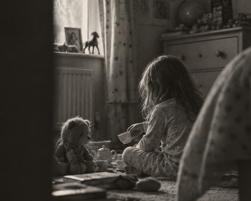 Young girl playing tea party with a doll in a bedroom