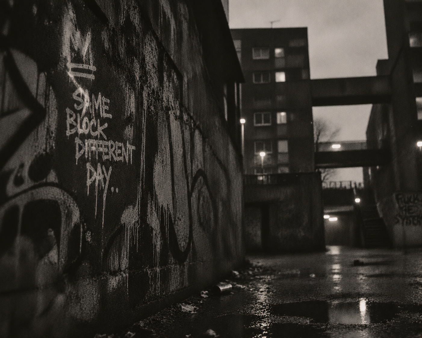 Graffiti on a wet estate walkway with tower blocks looming behind
