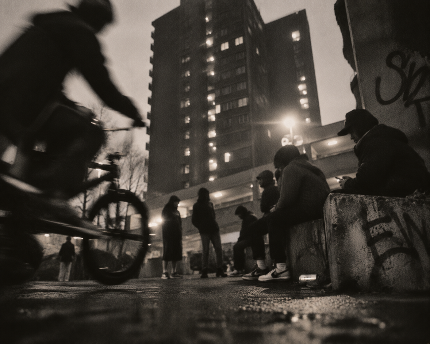 Young people gathered beneath a tower block as a BMX rider passes
