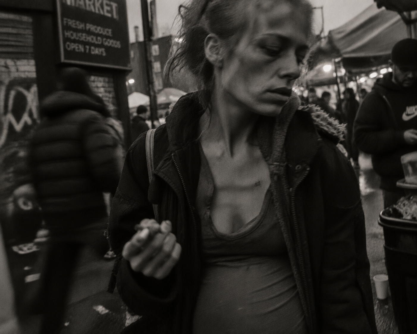 Gaunt pregnant woman in a crowded street market looking away