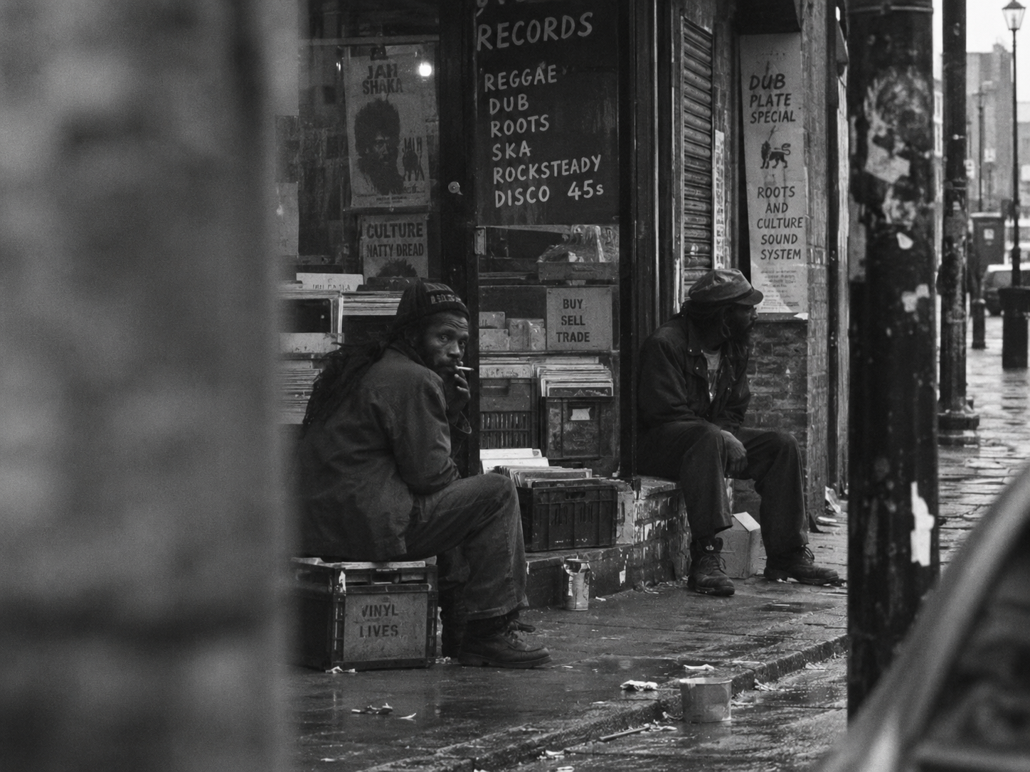 Two men sitting outside a record shop on a wet London street