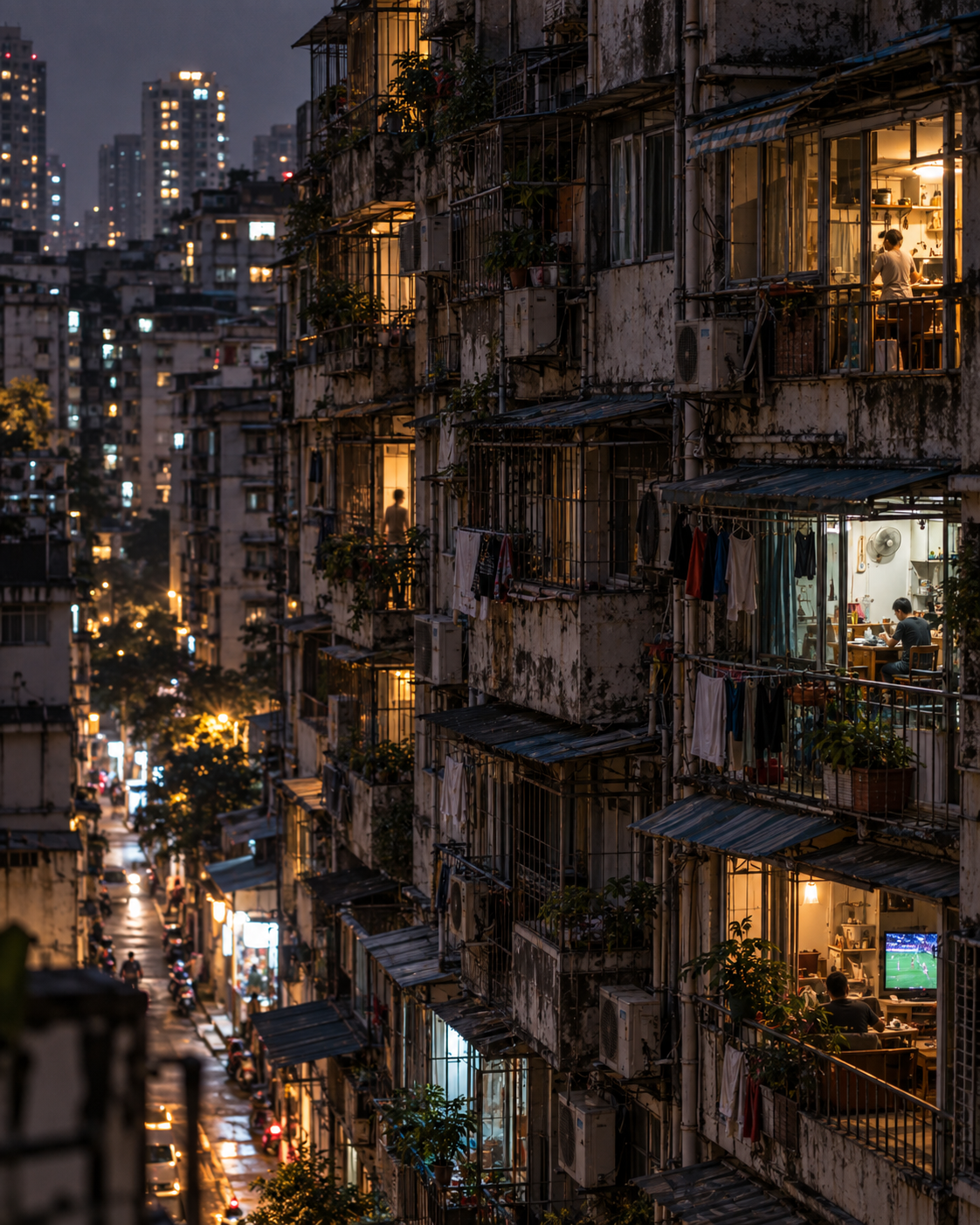 Dense apartment block with many lit windows, each revealing a separate domestic life