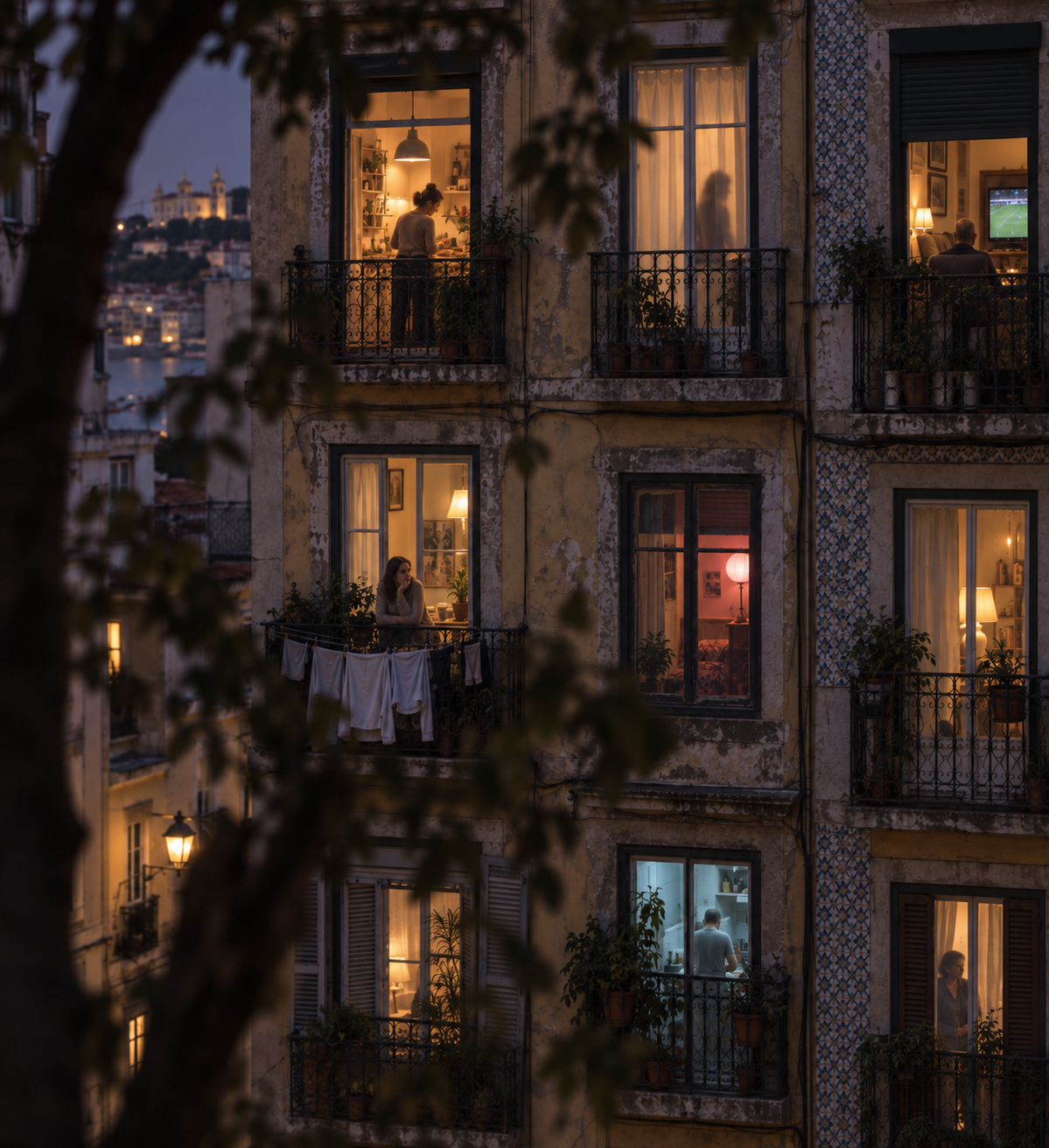 Lisbon-style apartment facade with several residents framed in adjacent windows and balconies